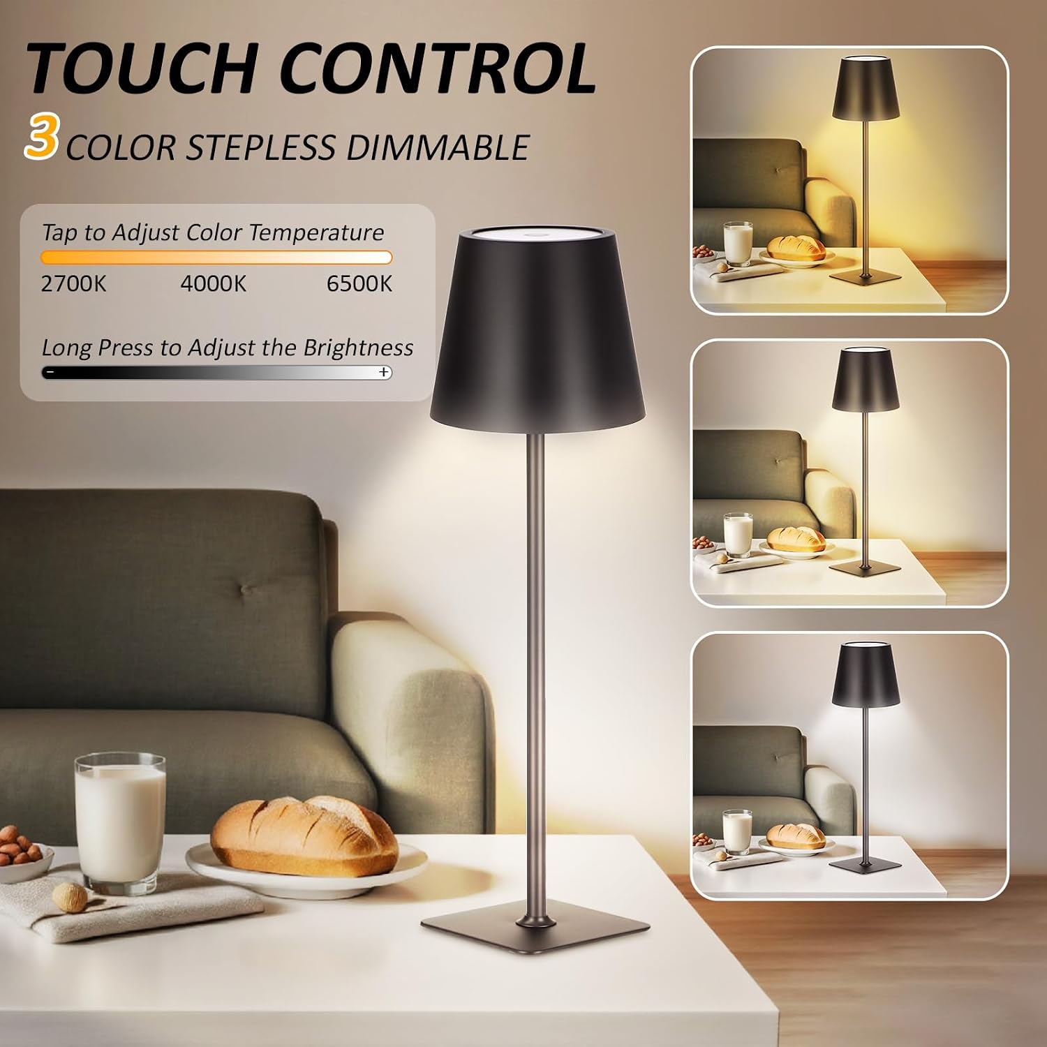 Retisee 12 Pack Cordless Table Lamp Portable LED Rechargeable Desk Lamp 3000mah Battery Operated 3 Color Stepless Dimming Waterproof Touch Control for Bedroom Restaurant (Black)