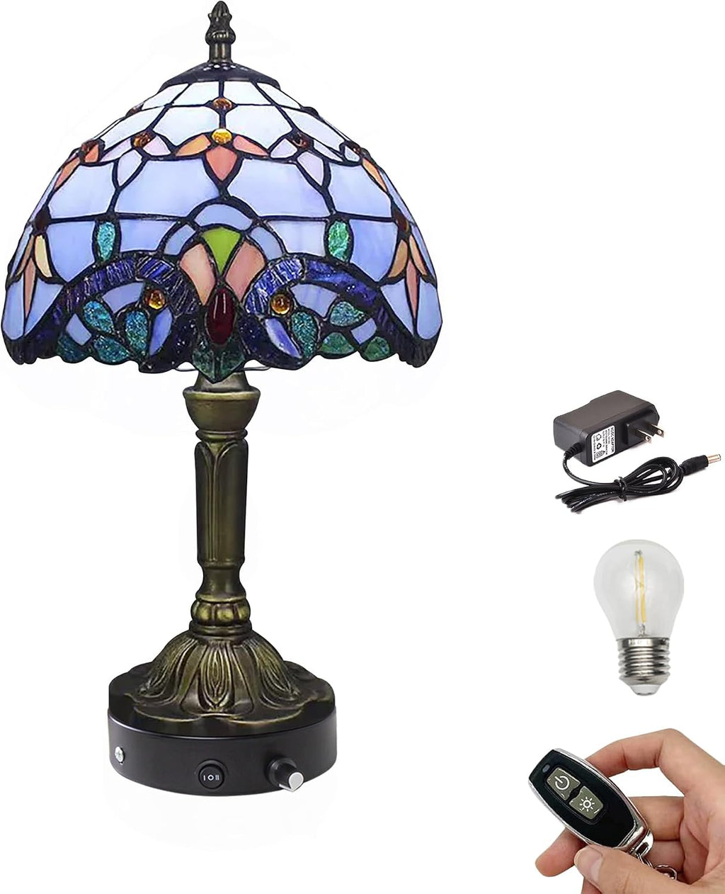 Kiven Cordless Table Lamp,1-Light Dimmable Bedside Lamps for Nightstand with Glass Lampshade, Cordless Tiffany Lamp for Reading Home Decor Bedside TD0873