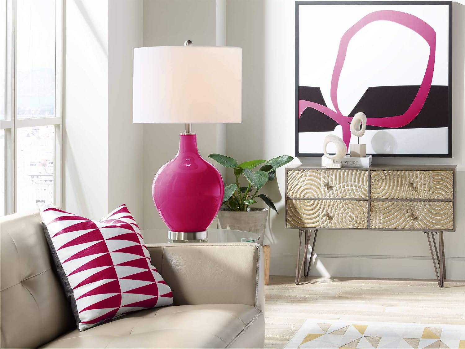 Color + Plus OVO 28 1/2' Tall Modern End Table Lamp French Burgundy Red Brushed Nickel Finish Glass Single Linen White Shade Living Room Bedroom Bedside Nightstand House Office Home Reading