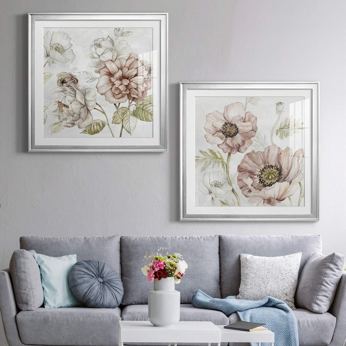 Floral Wall Art, Wall Décor Print, Classic, Geometric, Abstract, Transitional, & Country Chic, With Matte Board, Acrylic Glass, and Hanging Hardware - Washed Botanical III - Silver Framed 30X30