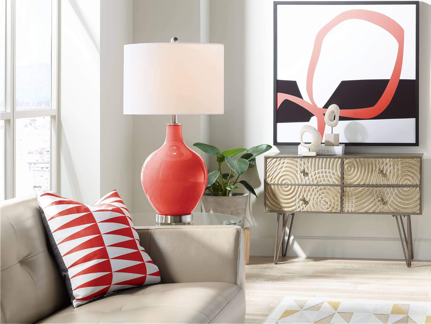Color + Plus Modern Table Lamp 28.5' Tall Cherry Tomato Glass OVO White Linen Drum Shade for Living Room Family Bedroom Bedside Nightstand