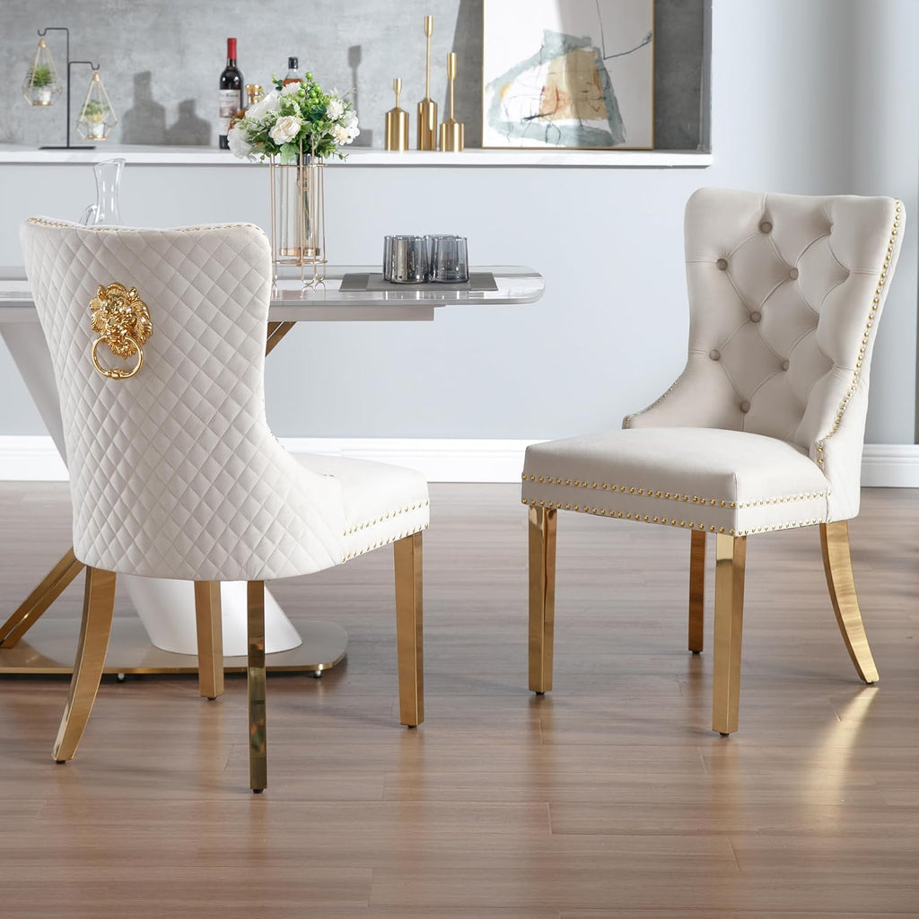 Velvet Dining Chairs Set of 2, Upholstered Dining Room Chairs, Mid-Century Modern Chairs with Diamond Lattice Tufted Back, Lion Pull Ring Rivet Trim, Golden Metal Legs for Kitchen, Beige