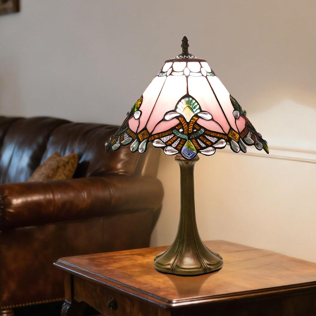 12 Inch Baroque Style Tiffany Table Lamp, Vintage Stained Glass Desk Lamp with Remote Control, 3 Color Temperature & Brightness Level for Office Home Bedroom Living (Pink)
