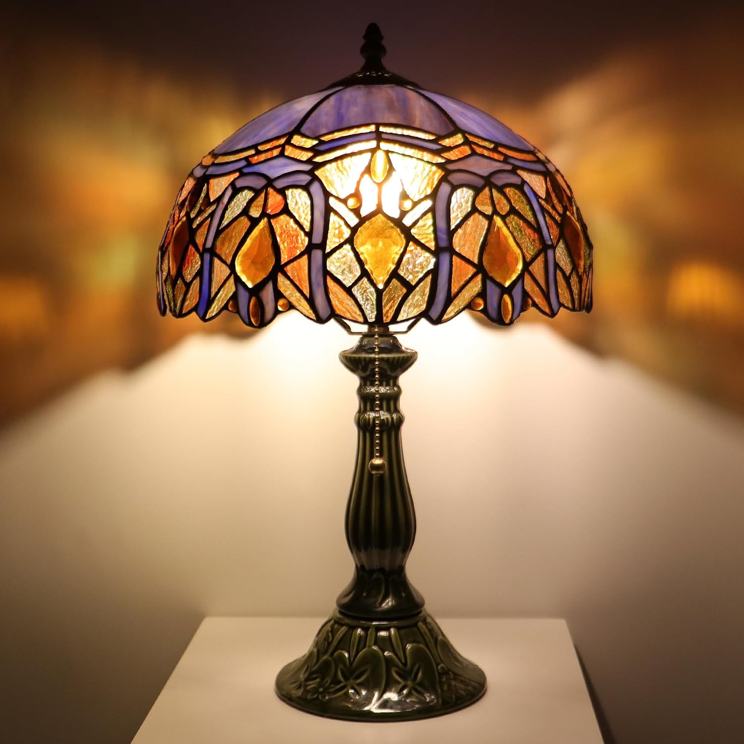 Tiffany Lamp Stained Glass Table Lamps Purple Jewelry Baroque Style Desk Lamp 12X12X18.5 Inch Bronze Ceramic Base Reading Light Suitable for Bedside Bedroom Living Room Dining Room Office
