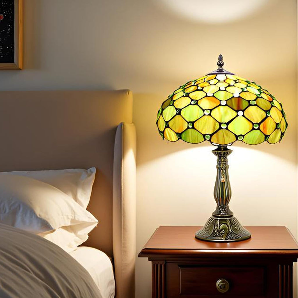 Tiffany Lamp Stained Glass Table Lamps Brownish Green Pearl Style Desk Lamp 12X12X18.5 Inch Bronze Ceramic Base Reading Light Suitable for Bedside Bedroom Living Room Dining Room Office
