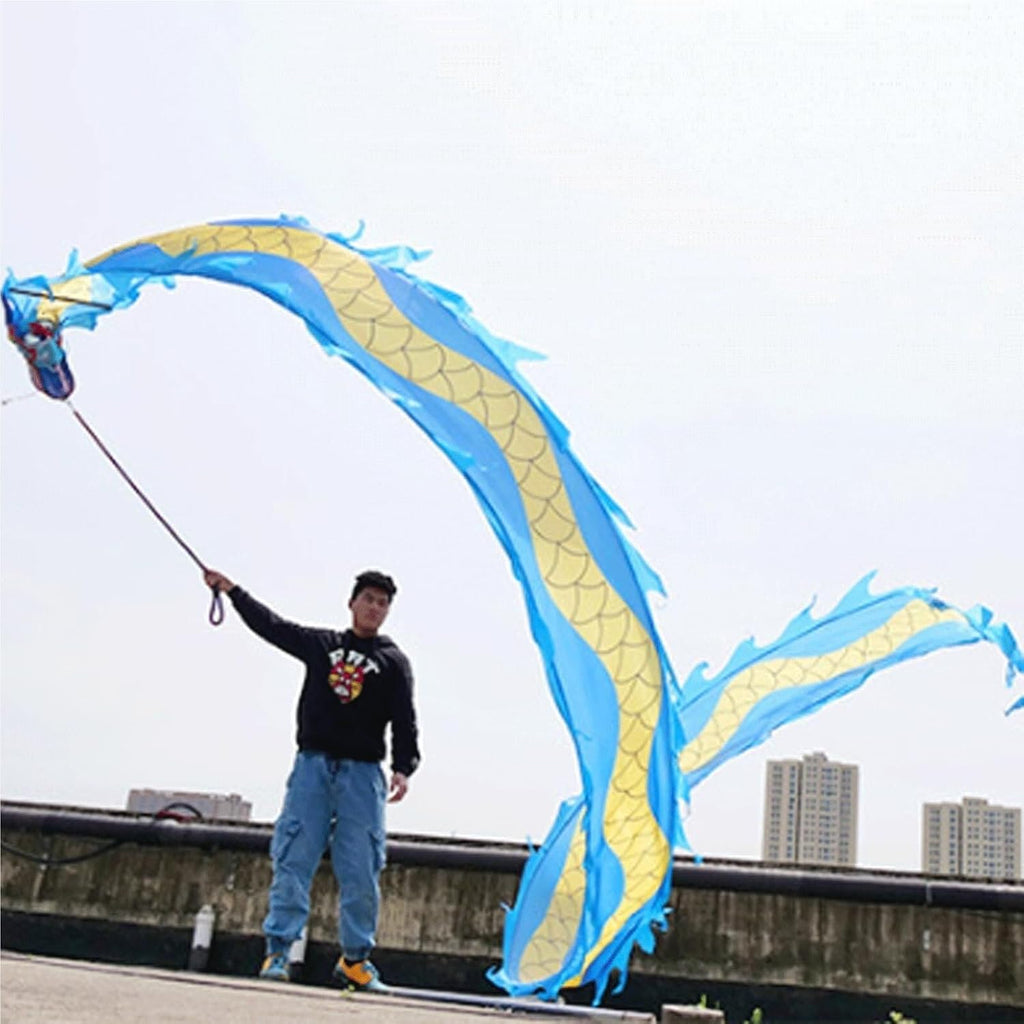 Chinese Dragon Costume Dragon Ribbon Juggling Play Dragon Dance Streamer Dragon Head with Rope Exercise Lion Dance Costume(Blue)