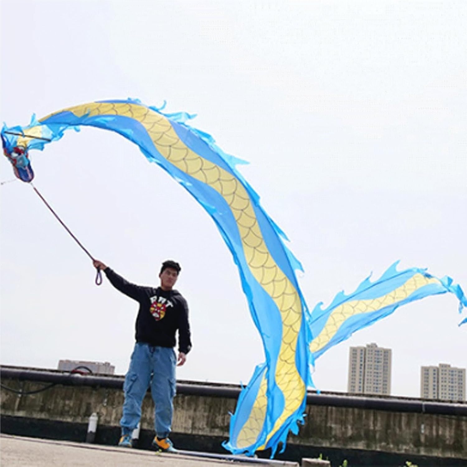 Chinese Dragon Costume Dragon Ribbon Juggling Play Dragon Dance Streamer Dragon Head with Rope Exercise Lion Dance Costume(Blue)