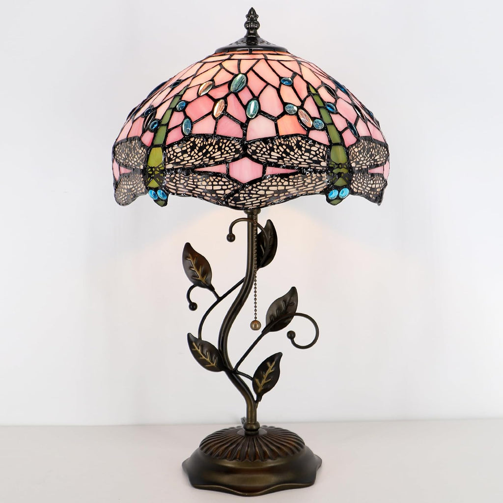 Tiffany Lamp Pink Dragonfly Style Stained Glass Table Lamp Desk Bedside Reading Light 12X12X19 Inches with Metal Leaf Base