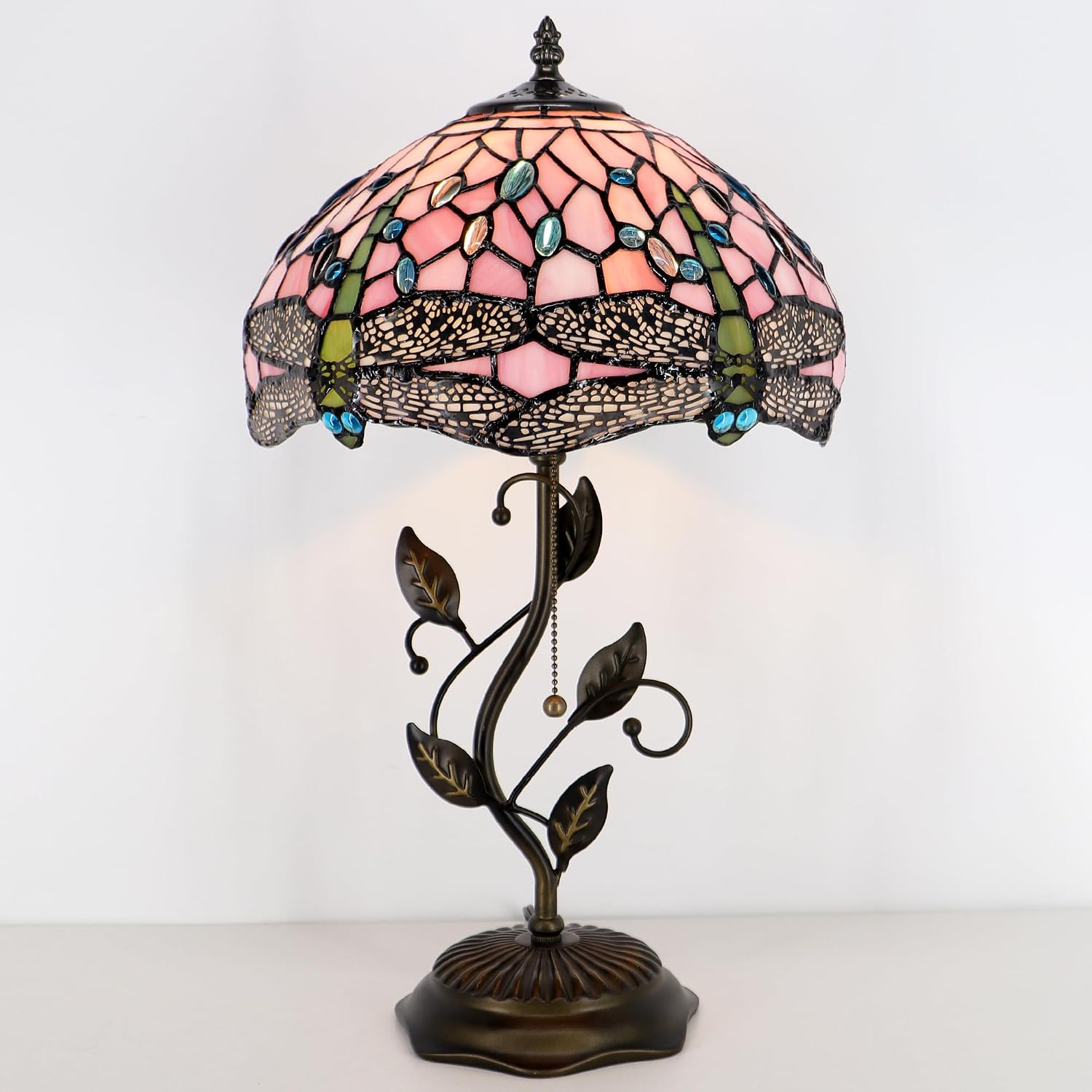 Tiffany Lamp Pink Dragonfly Style Stained Glass Table Lamp Desk Bedside Reading Light 12X12X19 Inches with Metal Leaf Base