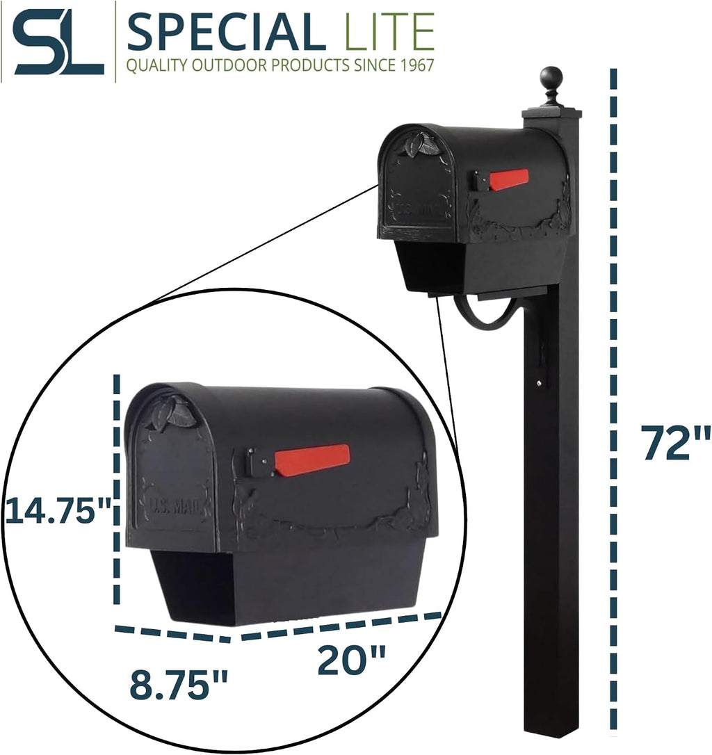 Special Lite Floral Curbside Mailbox with Paper Tube with Springfield Post - Black Aluminum Mailbox with Post - SCF2003-SPK710-BLK