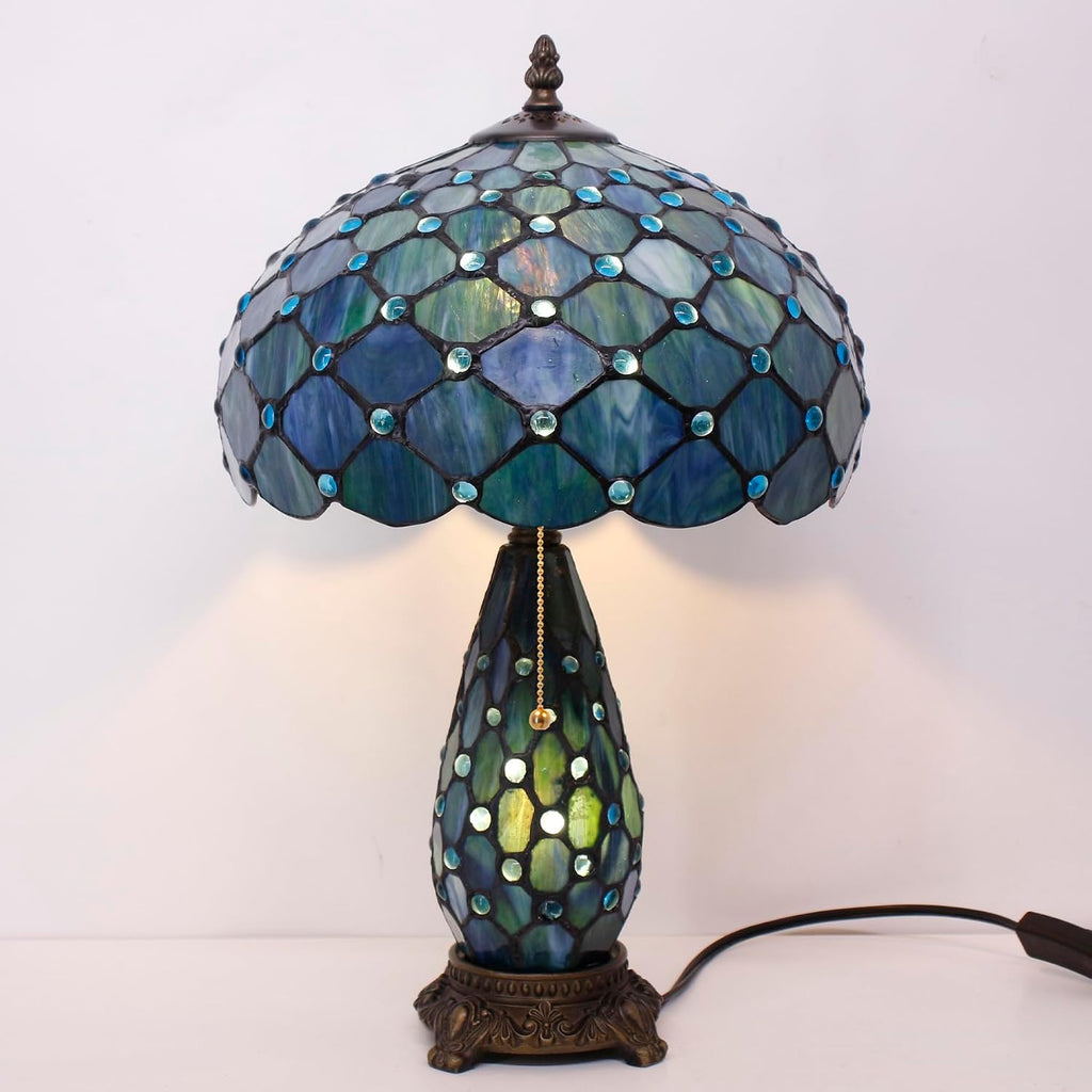 Tiffany Lamp Stained Glass Table Lamp 12X19 Inches Mother Daughter Vase Desk Accent Night Light for Bedroom Bedside Reading Home Antique Style (Blue Beads)