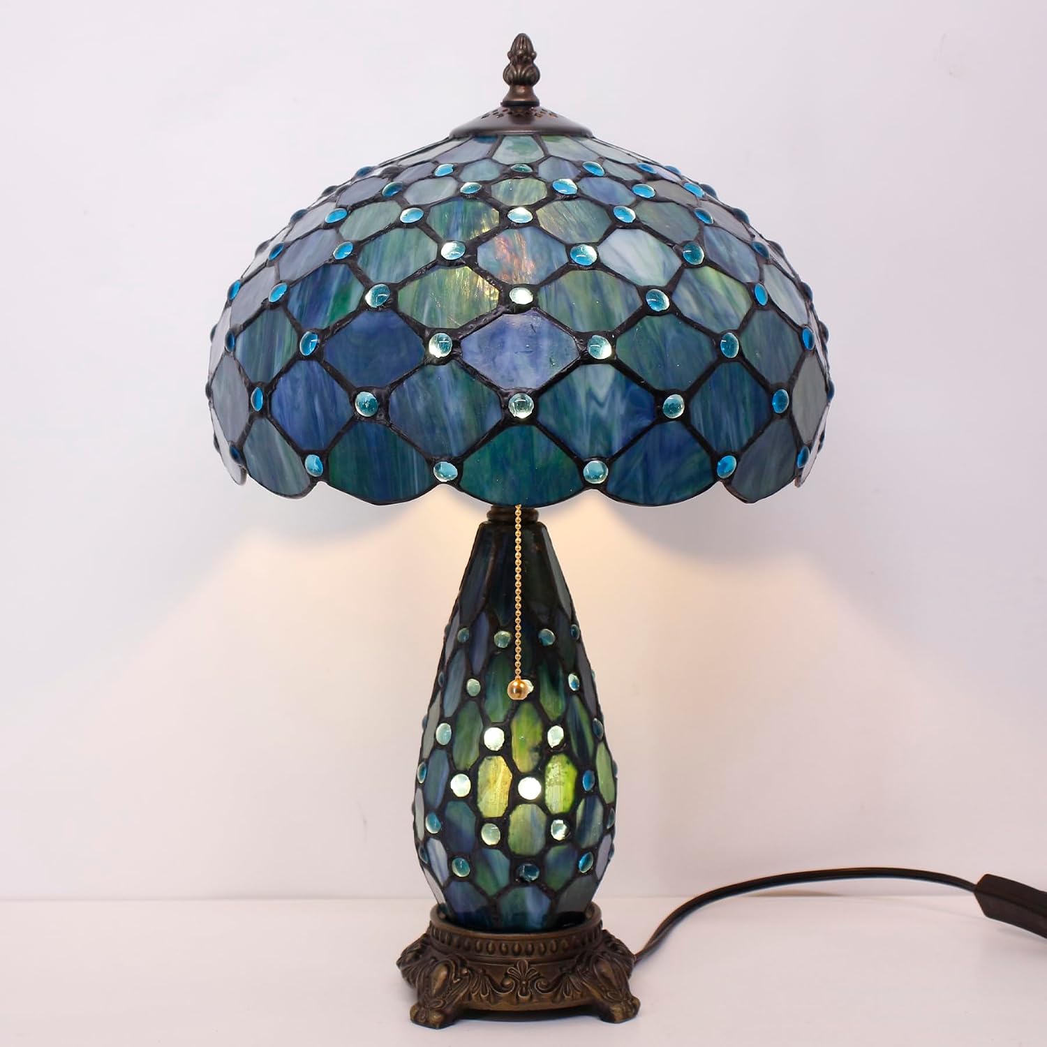 Tiffany Lamp Stained Glass Table Lamp 12X19 Inches Mother Daughter Vase Desk Accent Night Light for Bedroom Bedside Reading Home Antique Style (Blue Beads)