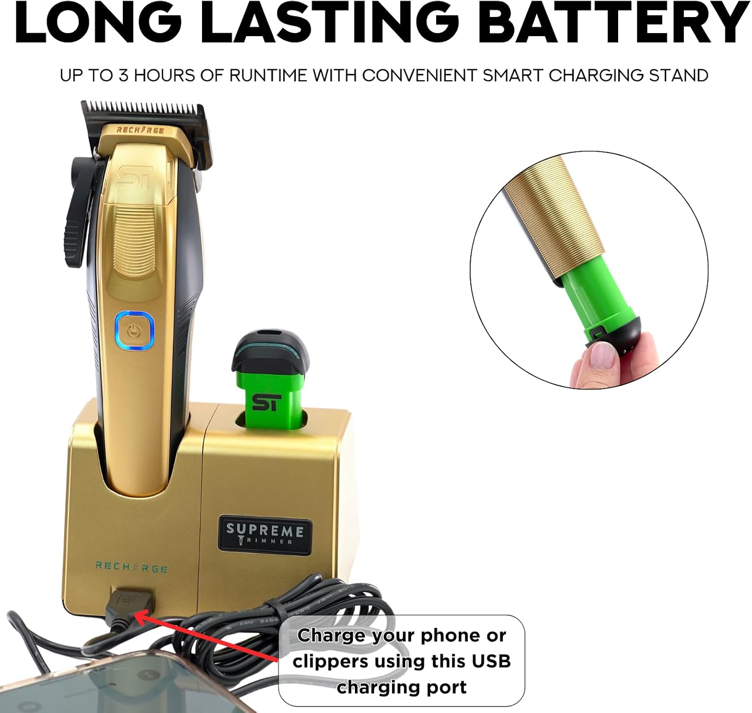 Supreme Trimmer Recharge Clipper - Professional Hair Clipper with 2 Removable Batteries, Brushless Motor, Smart Charge Stand, USB-C Charge & DLC Blades Barbers | STC779