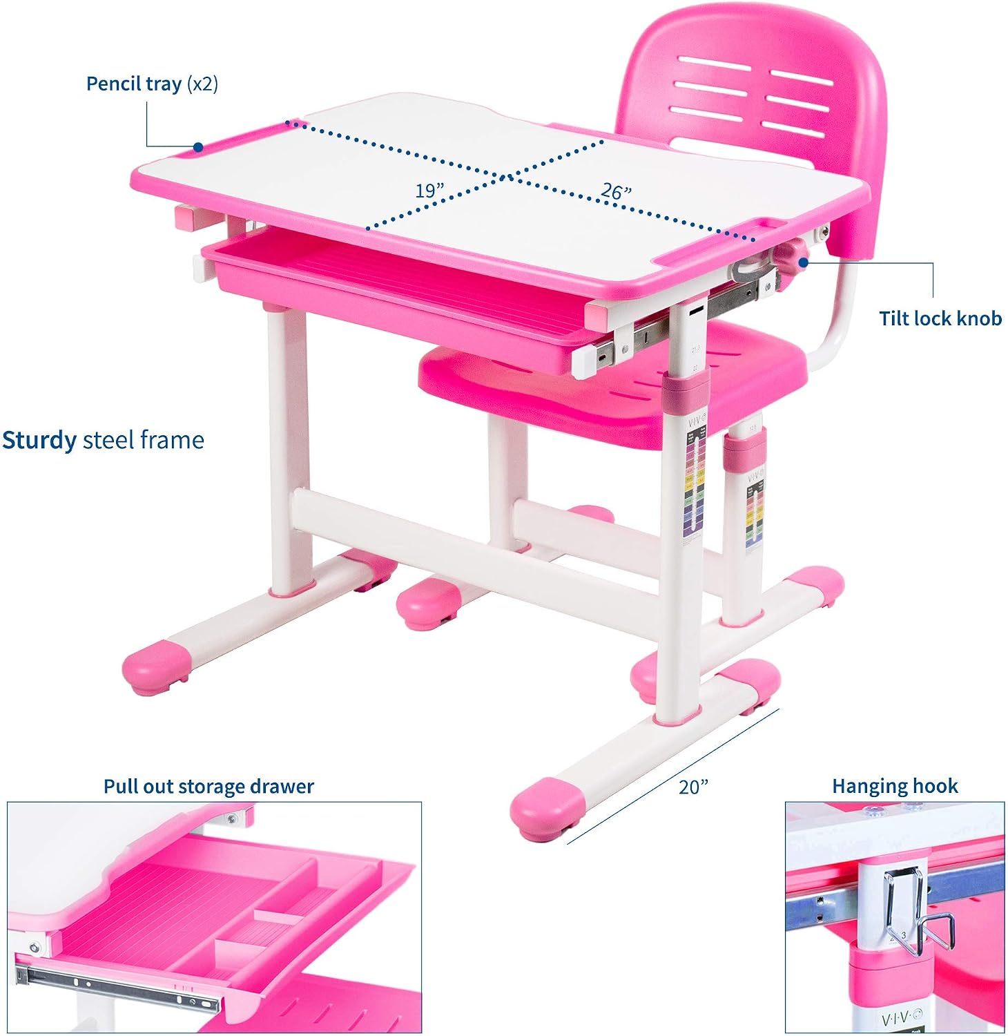 VIVO Pink Height Adjustable Children's Desk and Chair Set | Kids Interactive Workstation