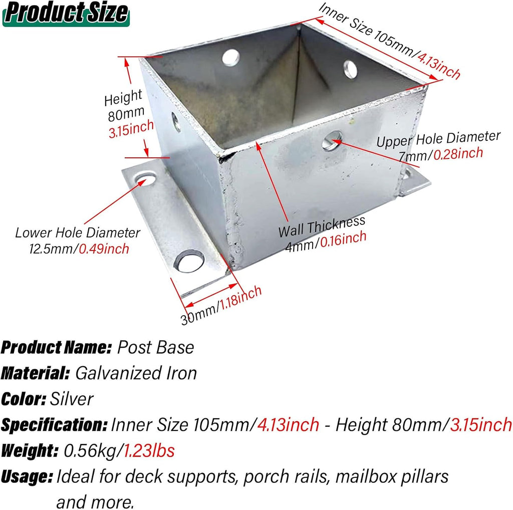 2 Pcs Heavy Duty Wooden Post Base Protectors - Supports Decks, Fences & Mailboxes, 4.1x3.2in Bracket for Outdoor Pavilions, Durable Fence Post Base Support.