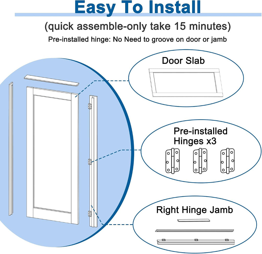 28' x 80' Prehung Door White Primed Panel Slab Doors with Jamb Kit, Solid Core MDF Interior Door for Bathroom Pantry Laundry, Easy Assemble - Right Handed