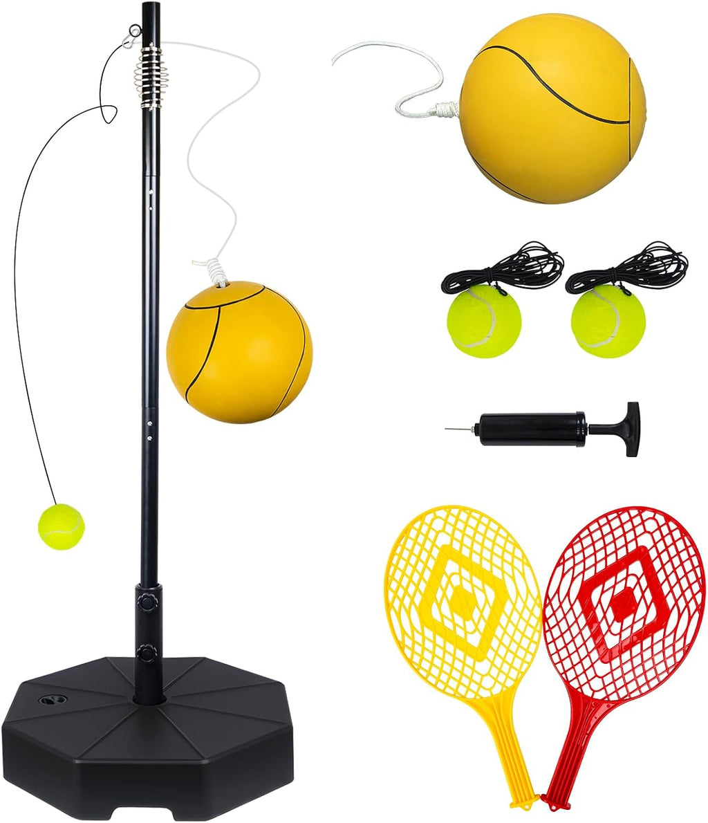 Tetherball Tennis&Tetherball Set with Sturdy Base,Tetherball Equipment for Backyard,with 9.83 Feet Adjustable Height Pole,2 Tennis Balls,2 Rackets,1 Tetherball with Rope,Fun Family Lawn Game (Black)