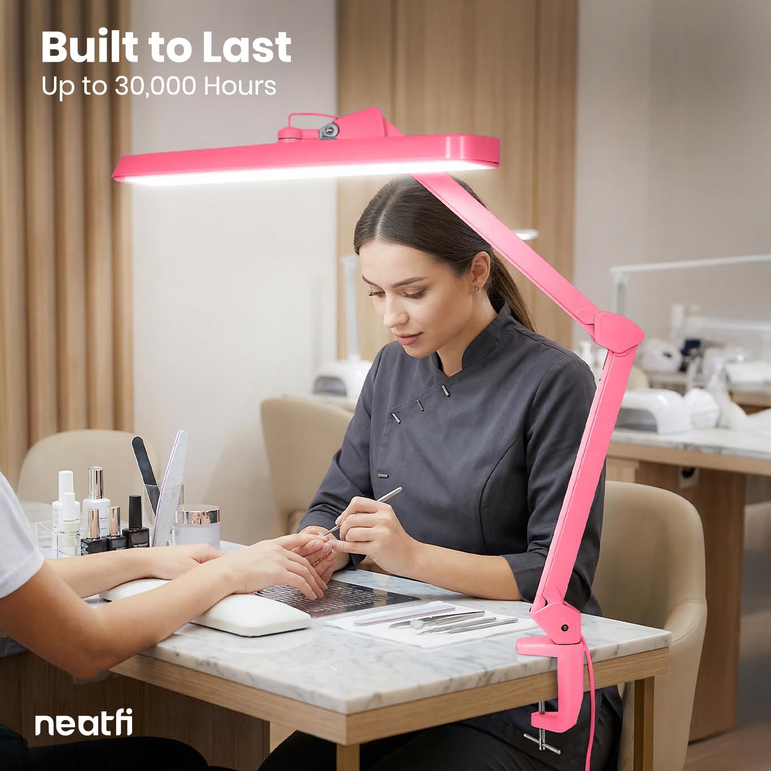 Neatfi XL 2,500 Lumens 30W LED Task Lamp for Manicure Table, Crafts, Workbench, Office – 22' Wide Shade Desk Light | Eye-Caring 6500K | 4-Level Brightness (Pink, Non-CCT with Clamp)