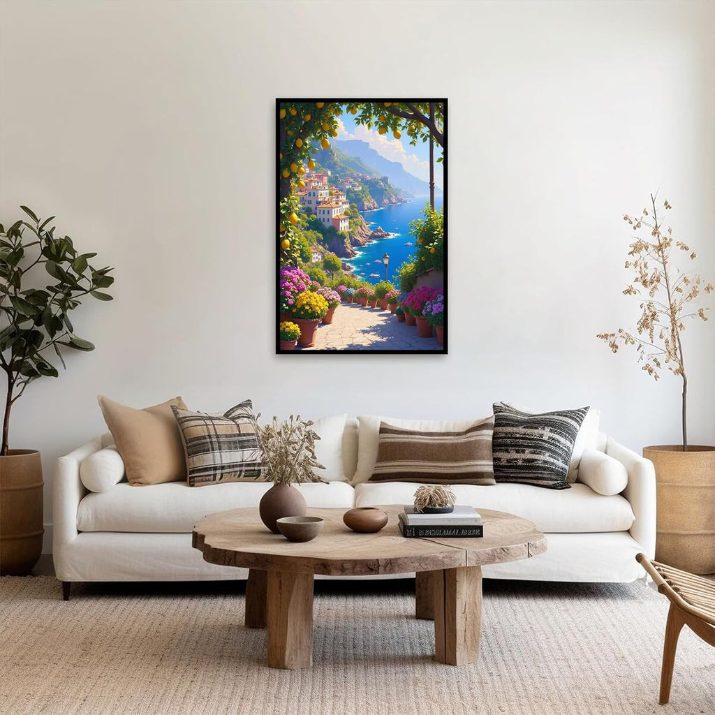 Italian Amalfi Coast Lemon Tree Garden Amalfi Coast Landscape | Metal Framed canvas, for event venues, mediterranean style, temporary venue decor, mediterranean theme styling
