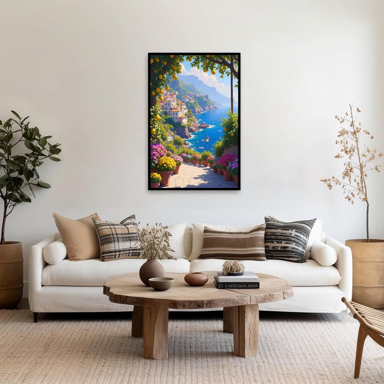 Italian Amalfi Coast Lemon Tree Garden Amalfi Coast Landscape | Metal Framed canvas, for event venues, mediterranean style, temporary venue decor, mediterranean theme styling