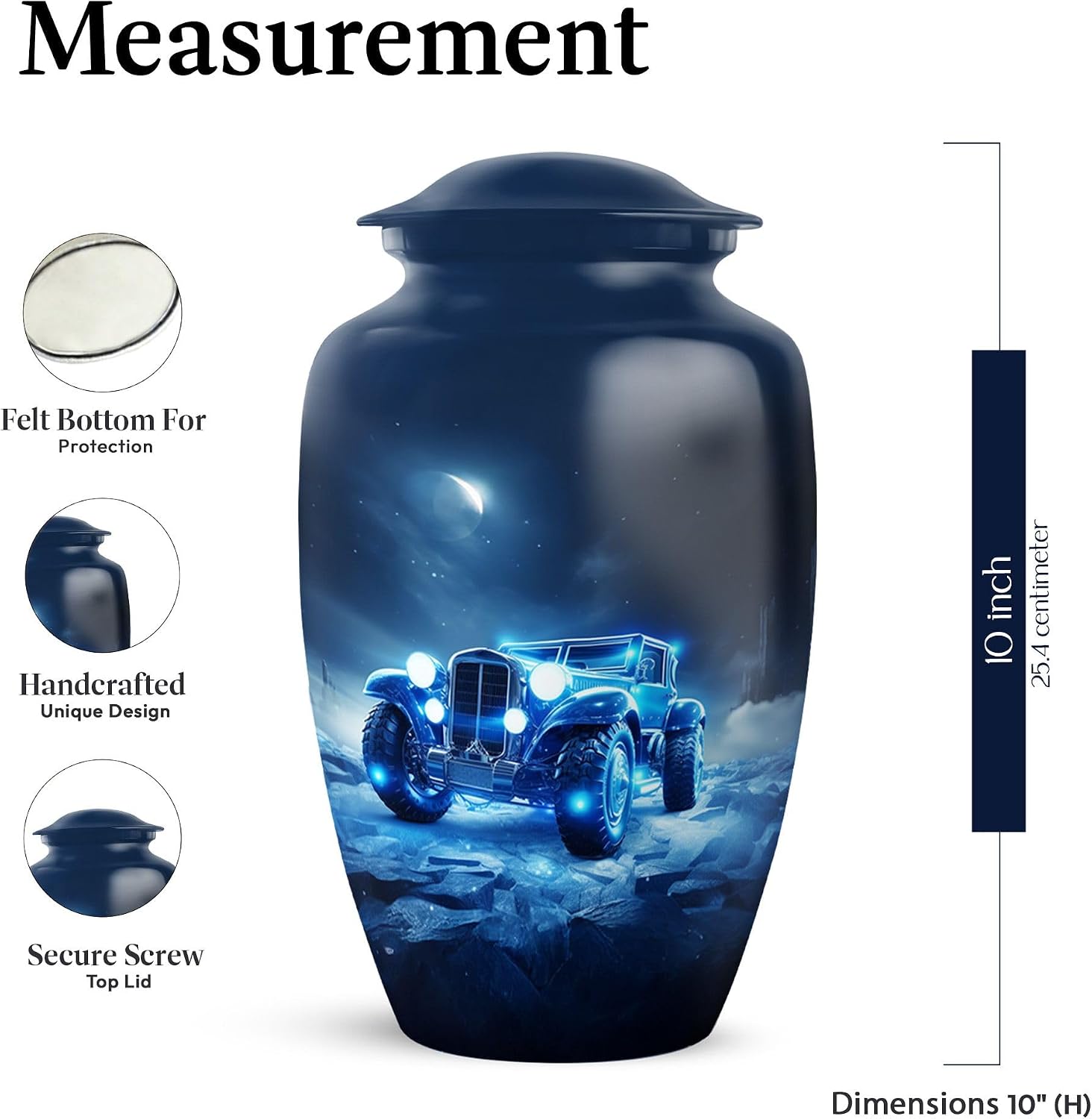 Blue Vintage Car Large Burial Urn for Ashes Adult - Memorial Cremation Urns for Human Ashes - Keepsake Decorative Funeral Ash Holder for Adult Male & Female - Set of 5-10 Inch, 3 Inch