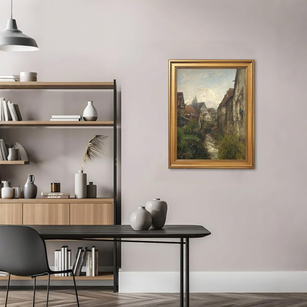 Framed Section in The Old Town of Esslingen Canvas Print Vintage European Village Landscape Wall Art Rustic Alley Painting Neutral Countryside Picture Artwork for Living Room Bedroom Decor 24x36inch