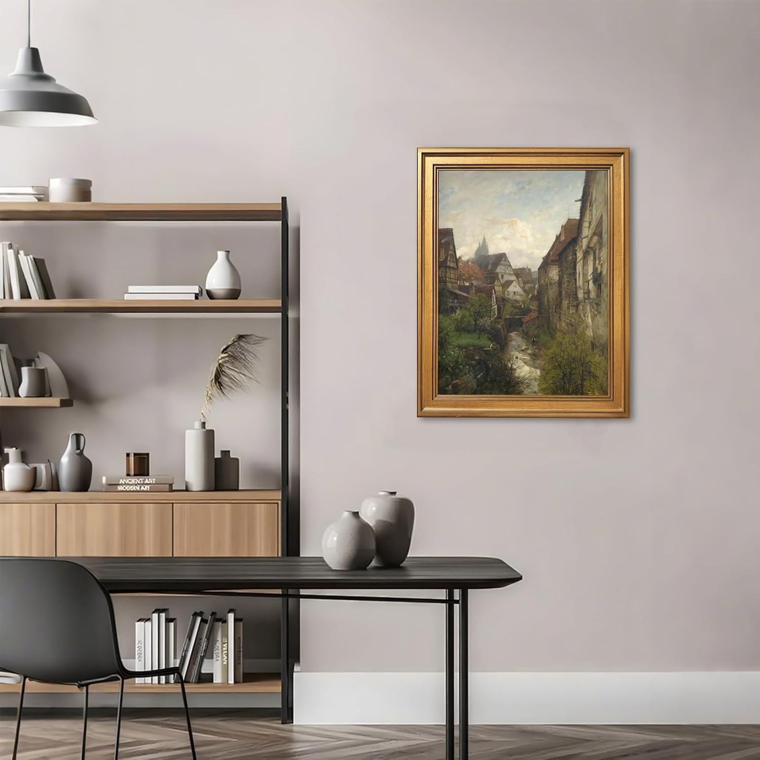 Framed Section in The Old Town of Esslingen Canvas Print Vintage European Village Landscape Wall Art Rustic Alley Painting Neutral Countryside Picture Artwork for Living Room Bedroom Decor 24x36inch