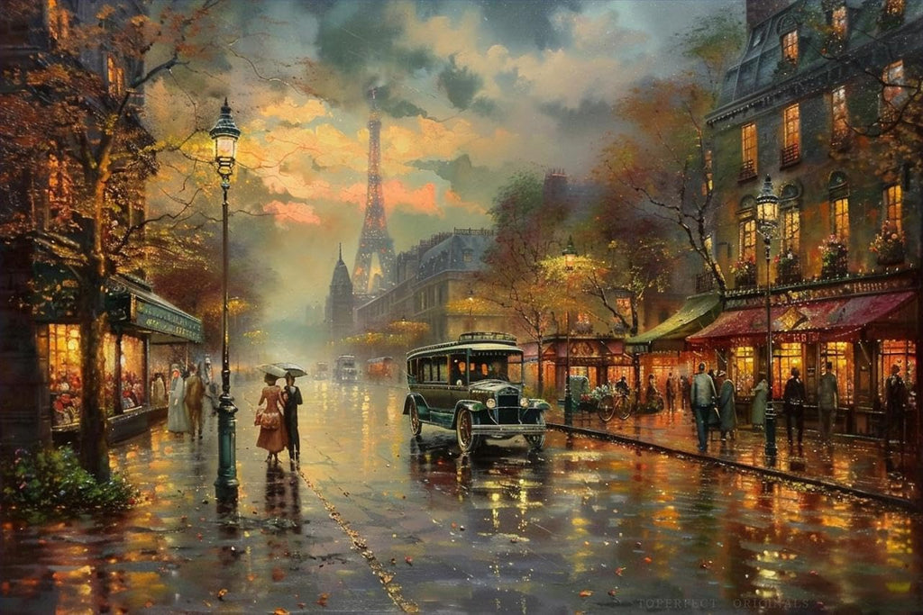 Nostalgic Paris Cityscape Art Painting, 24 Original Artworks of 19th Century Street Nightscape in Kinkade Style, Parisian Wall Art City of Lights, Hand Painted Elegant Home Decor by College Teachers