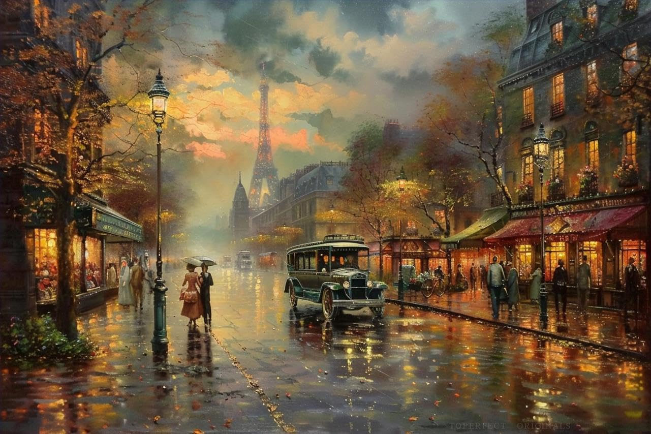 Nostalgic Paris Cityscape Art Painting, 24 Original Artworks of 19th Century Street Nightscape in Kinkade Style, Parisian Wall Art City of Lights, Hand Painted Elegant Home Decor by College Teachers
