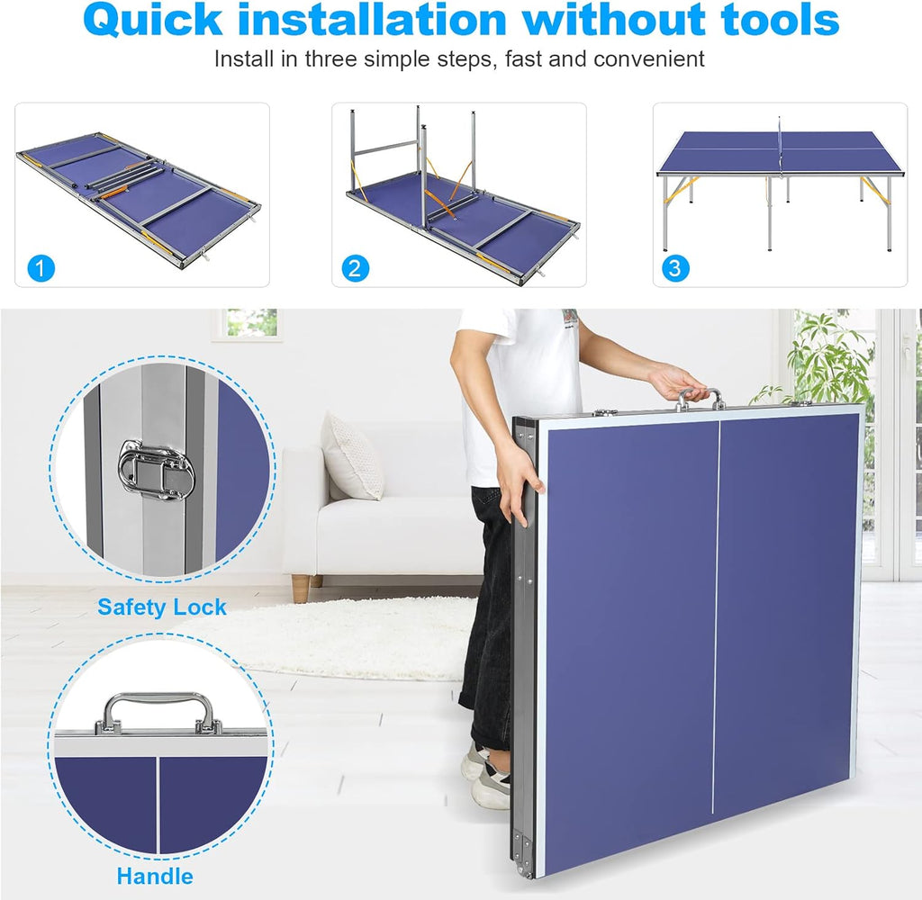 6X3ft Portable Ping Pong Table Game Set, Mid-Size Table Tennis Tables - Olding Indoor Outdoor Table Tennis with Net for Adults/Teens,2 Table Tennis Paddles and 3 Balls