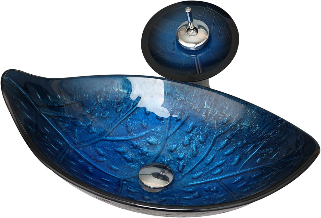 23'x14' Blue Bathroom Vessel Sink, Leaf Shape Tempered Glass Sinks And Faucet Combo, Washing Basin Bowl Waterfall Chrome Brass Pop Up Drain