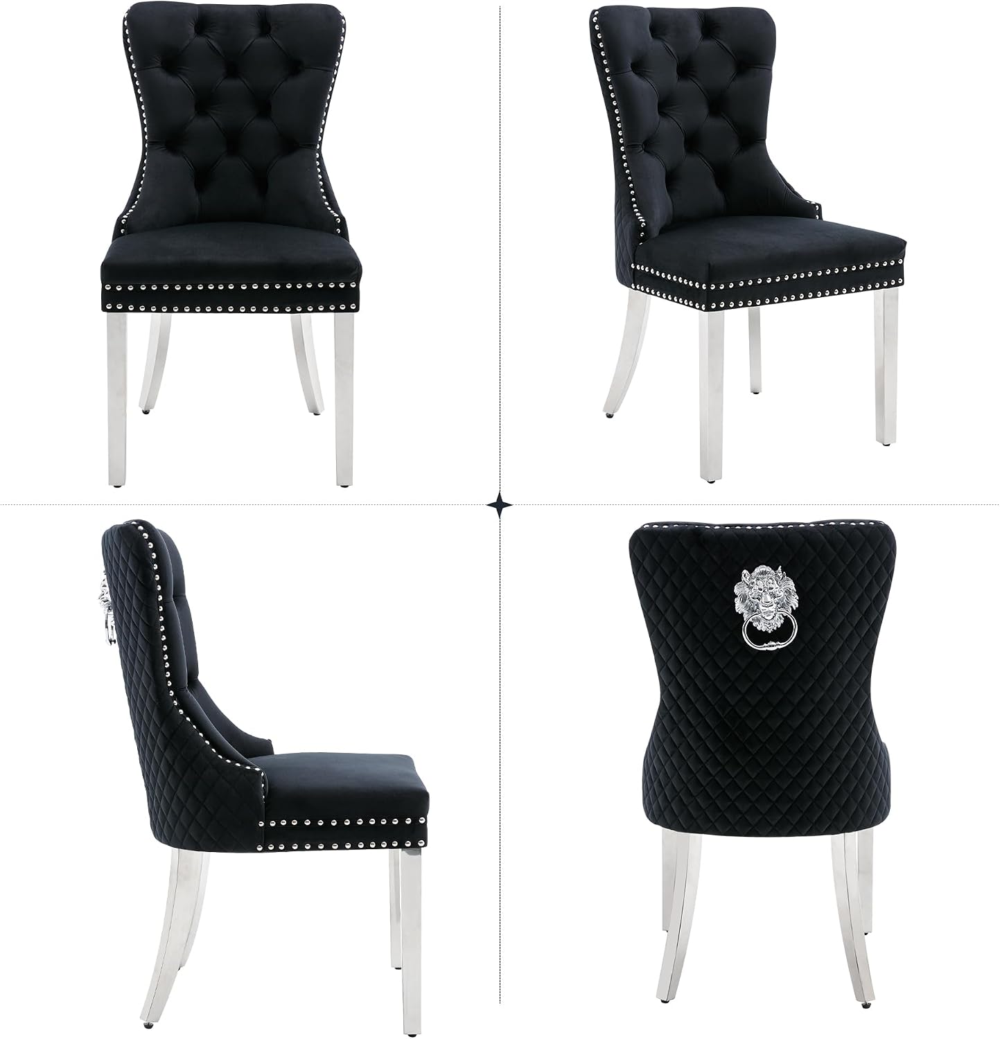 Velvet Dining Chairs Set of 2, Upholstered Dining Room Chairs, Mid-Century Modern Chairs with Diamond Lattice Tufted Back, Lion Pull Ring Rivet Trim, Silver Metal Legs for Kitchen, Black