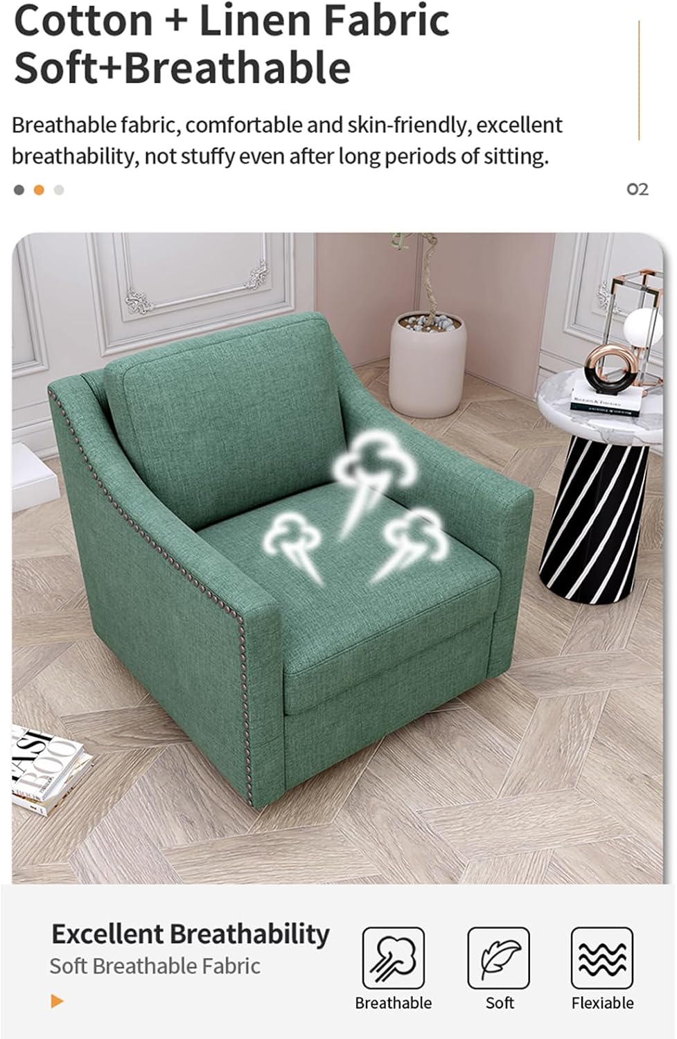 360° Swivel Armchair, Cotton Linen Skin-Friendly Fabric, Ergonomic Design with Brass Nail Decor, Accent Chair for Living Room & Bedroom