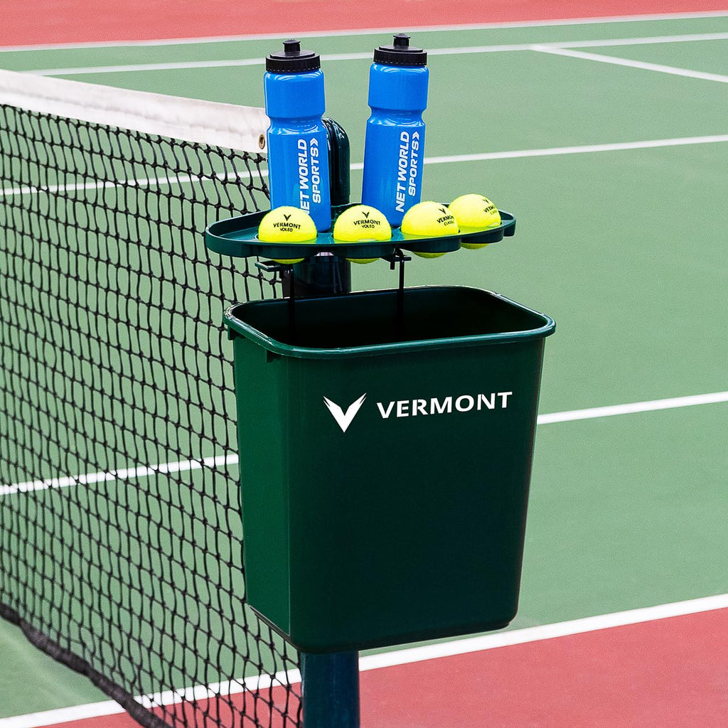 Vermont Tennis Court Trash Can & Shelf | Durable PVC with Aluminum Bracket