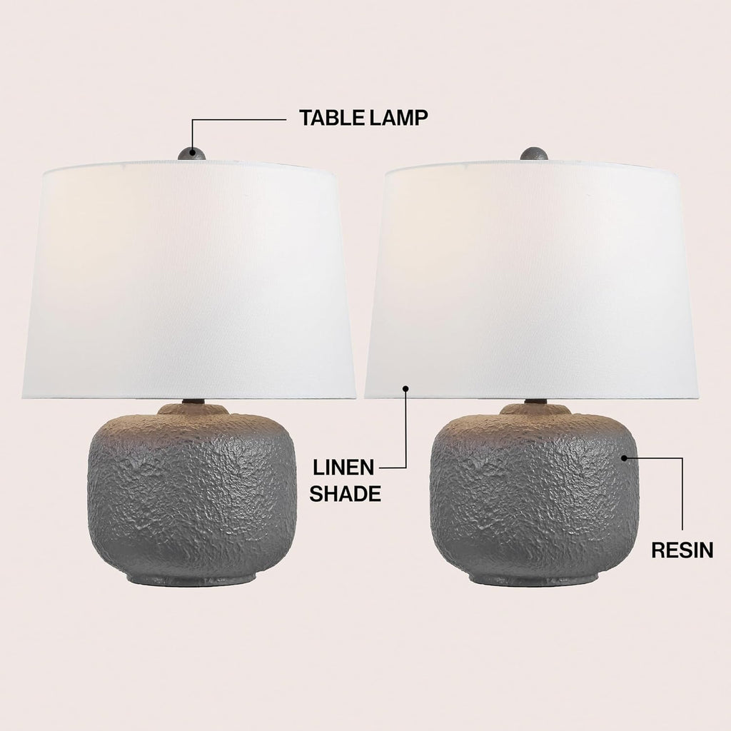 JONATHAN Y 20' Gray Textured Resin Table Lamp Set of 2 for Bedroom, Coastal Farmhouse Nightstand Lamps for Living Room, White Linen Shade, LED Bulbs Included (JYL9208B-SET2)