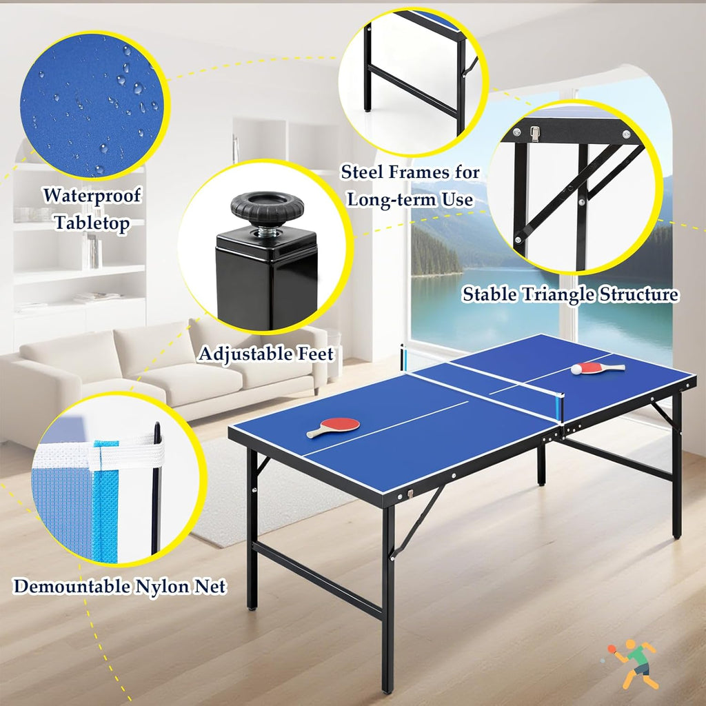 Portable Ping Pong Table, Foldable Indoor Table Tennis Tables Game, Folding Indoor Table Tennis w/ 2 Paddles, 2 Balls and Net for Adults/Teens, Quick Assembly