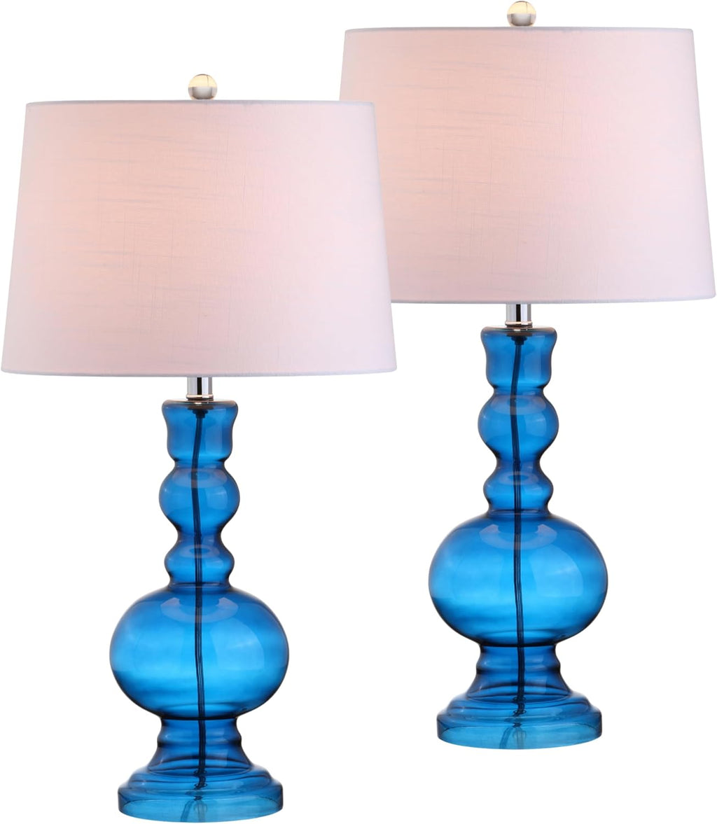 JONATHAN Y 28.5' Night Blue Glass Table Lamp Set of 2 for Living Room Bedroom Decor, Modern Bedside Lamps with White Linen Shade, LED Bulbs Included (JYL1061C-SET2)