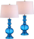 JONATHAN Y 28.5' Night Blue Glass Table Lamp Set of 2 for Living Room Bedroom Decor, Modern Bedside Lamps with White Linen Shade, LED Bulbs Included (JYL1061C-SET2)