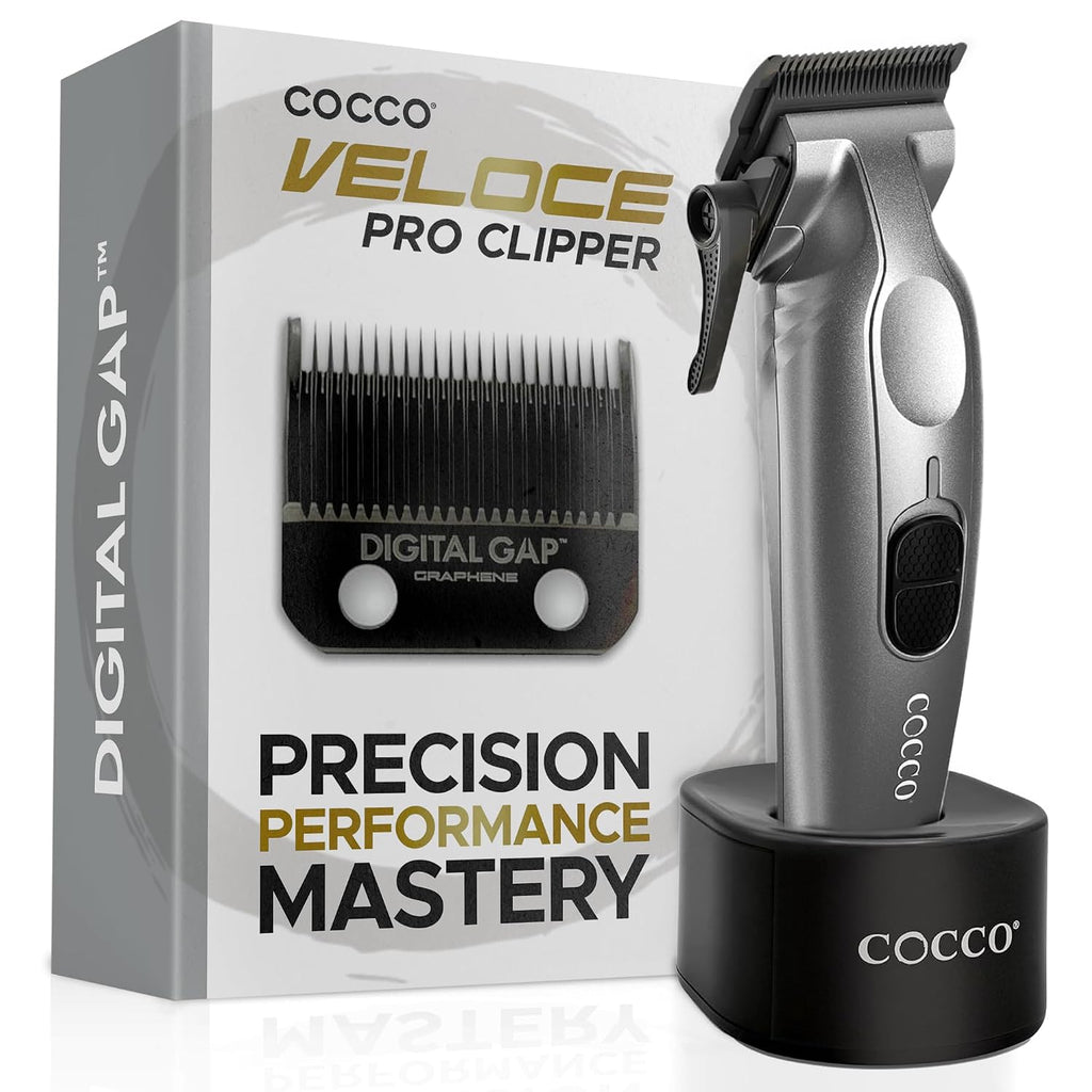 Cocco Veloce Pro Clipper, Digital Gap Ambassador Graphene Taper Blade Professional Hair Clippers, High-Torque BLDC Motor, All-Metal, Cordless, Charging Base Included