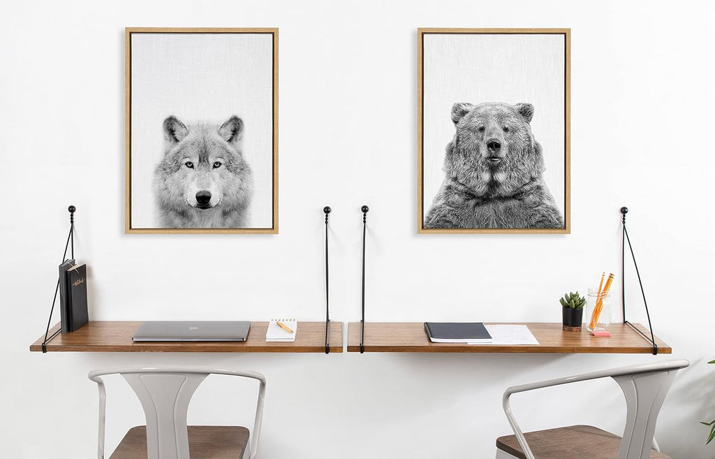 Kate and Laurel Sylvie Wolf and Bear European Framed Canvas Wall Art Set by Simon Te of Tai Prints; 2 piece 18x24 Natural; Modern Nature Animals Art for Wall Home Decor