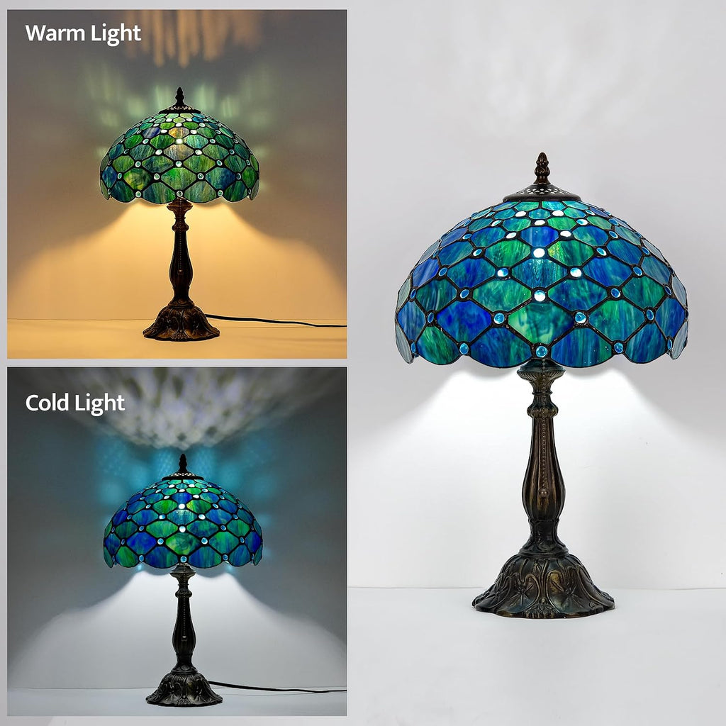 Tiffany Style Table Lamp Vintage Stained Glass Desk Lamp Sea Blue Pearls Bedside Reading Light Decor Bedroom Living Room Entry Home Office D12 xH18
