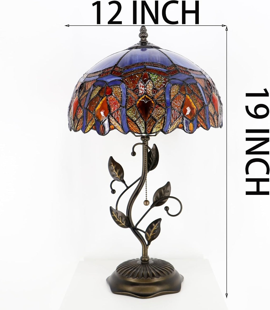 Tiffany Lamp Purple Brown Jewelry Baroque Style Stained Glass Table Lamp Desk Bedside Reading Light 12X12X19 Inches Bronze Resin Metal Leaf Base