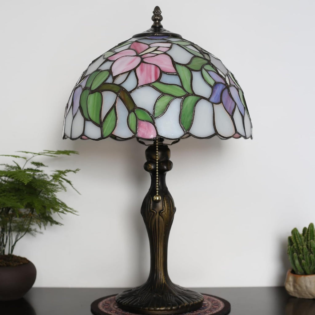 Tiffany Lamp Stained Glass Table Lamp Bedside Reading Lamp 12 x 19' Pink Flower Style Decorative Lamp for Desk Study Living Room Bedroom Office Decor Gift