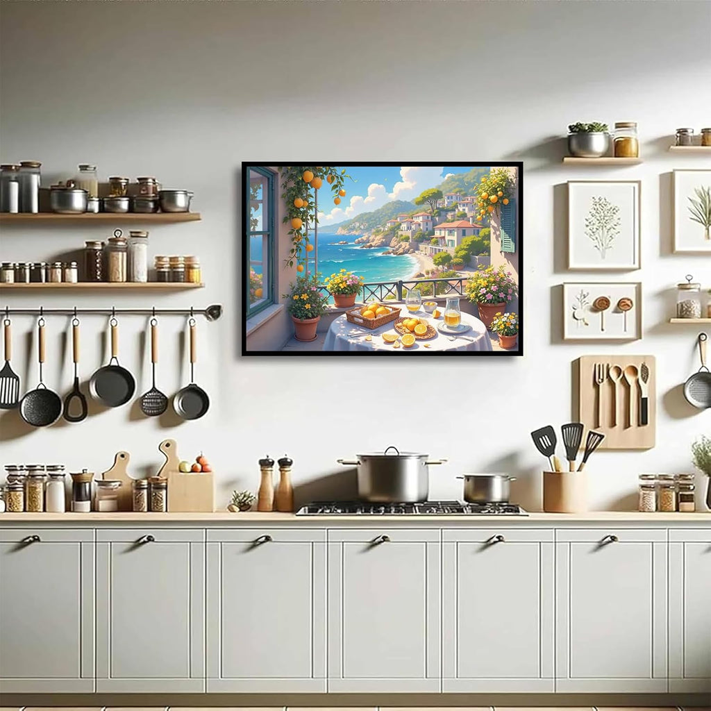 Italian Amalfi Coast Lemon Tree Garden Mediterranean Wall Art Travel Poster | Metal Framed canvas, for resort suites, mediterranean style, guest suite decor, mediterranean vacation vibe
