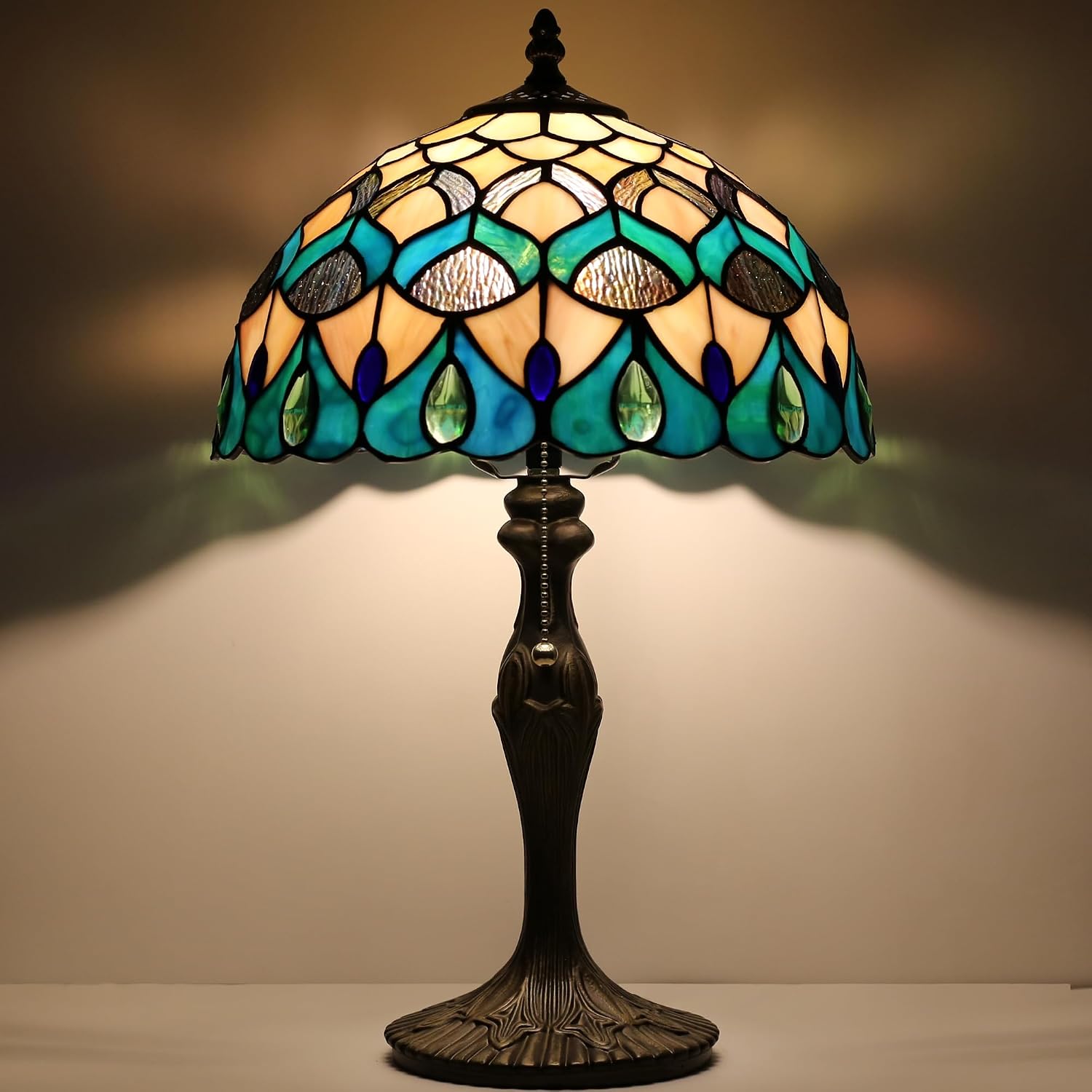 Tiffany Lamp Stained Glass Table Lamp Bedside Reading Lamp 12 x 19' Blue Phoenix Tail Style Decorative Lamp for Desk Study Living Room Bedroom Office Decor Gift