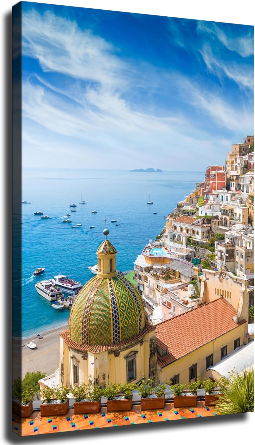 Campania Sorrento Italy Mediterranean Sea Beautiful View European Landscape Canvas Art Poster Canvas Print Wall Art Picture Indoor Bedroom Living Room Aesthetic Artwork Garage Cafe Decorative (24×36inch Framed)