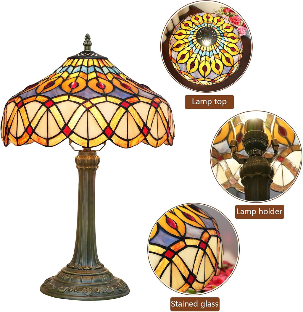 Yellow Peacock Tail Tiffany Table Lamp 12 inch Stained Glass Desk Lamp Vintage Reading Light for Living Room Bedroom Wedding Room Home Office Antique Decorative Light