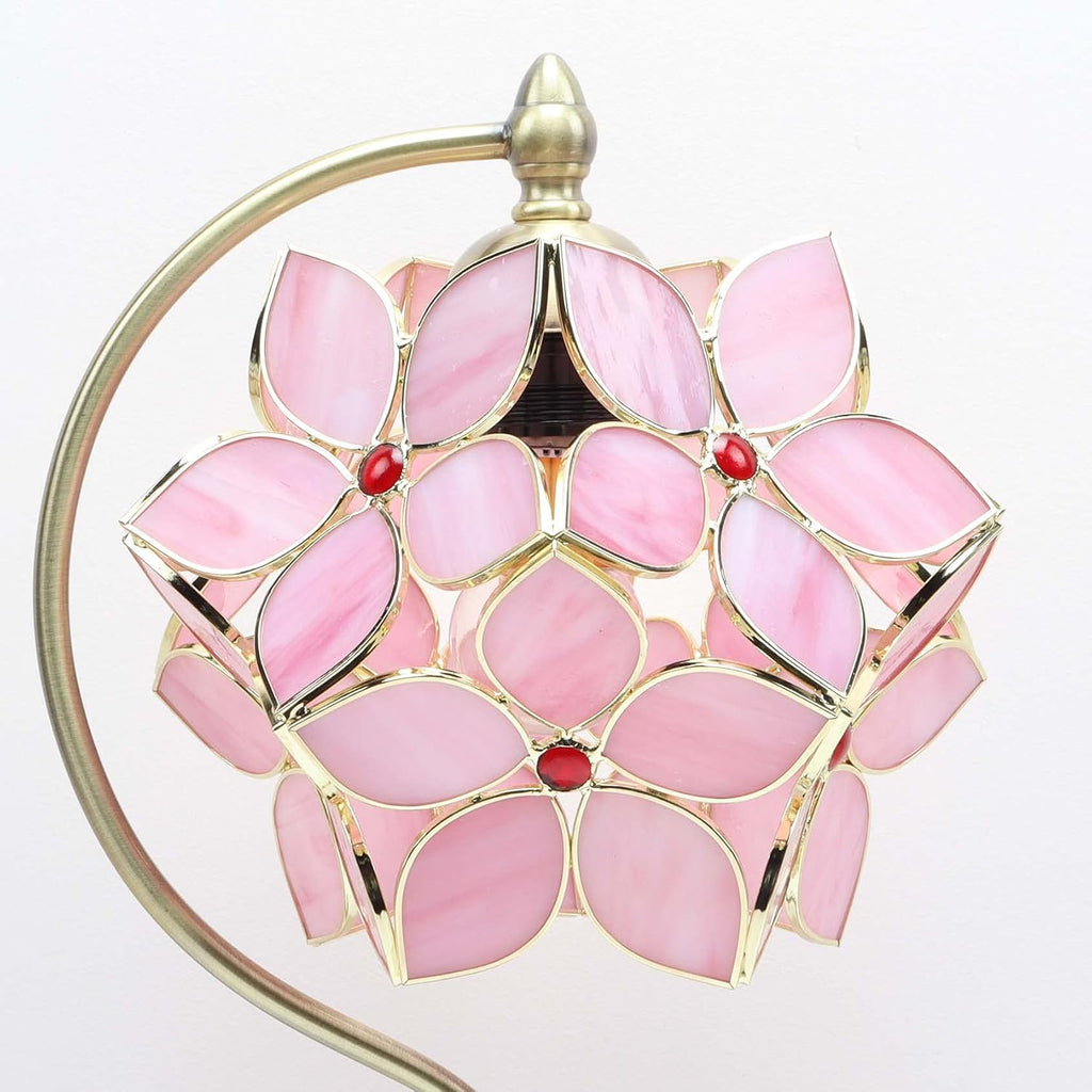 Bieye L10832 Tiffany Style Stained Glass Flower Petal Table Lamp with Brass Base for Home Décor (Pink, 8' Apple Blossom)