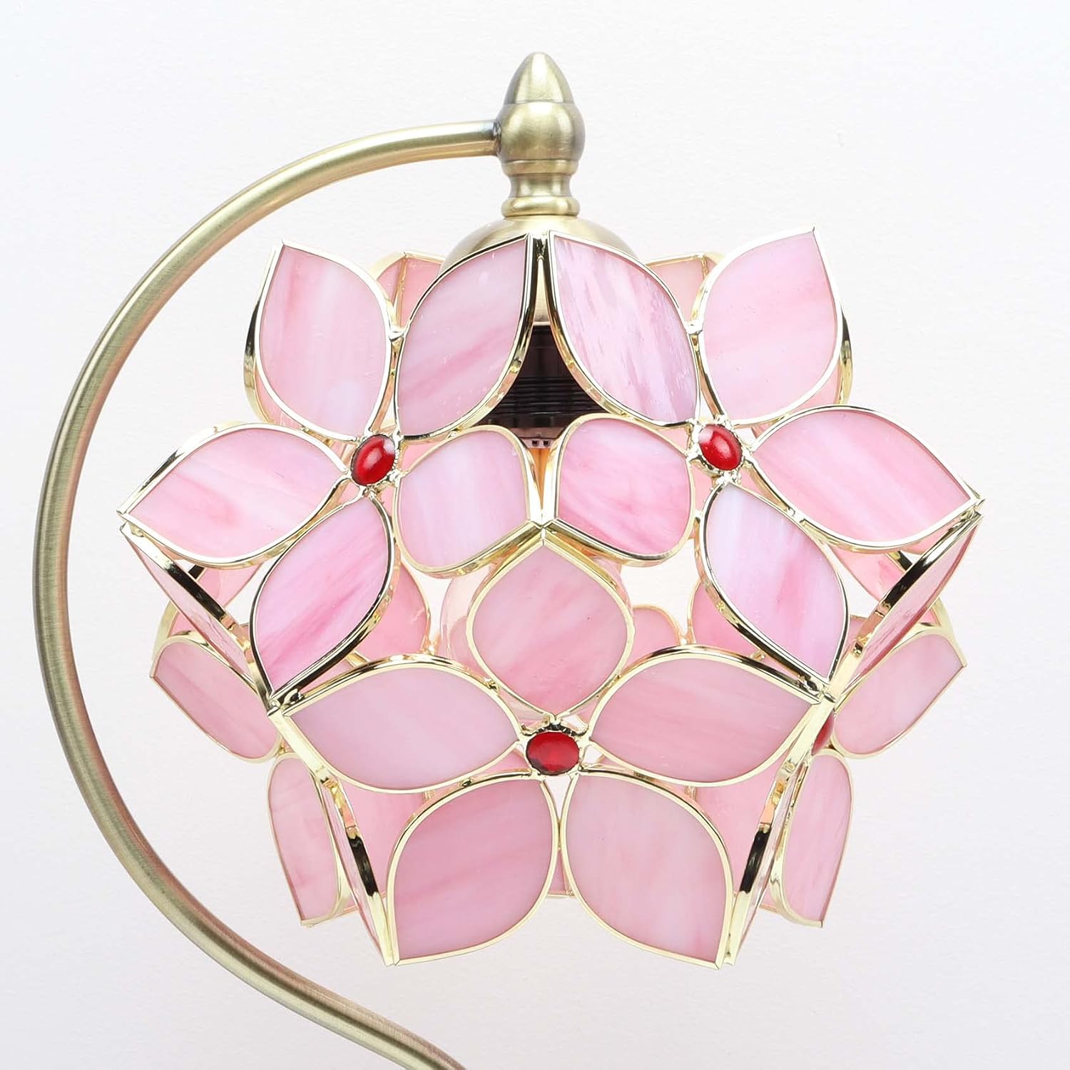 Bieye L10832 Tiffany Style Stained Glass Flower Petal Table Lamp with Brass Base for Home Décor (Pink, 8' Apple Blossom)