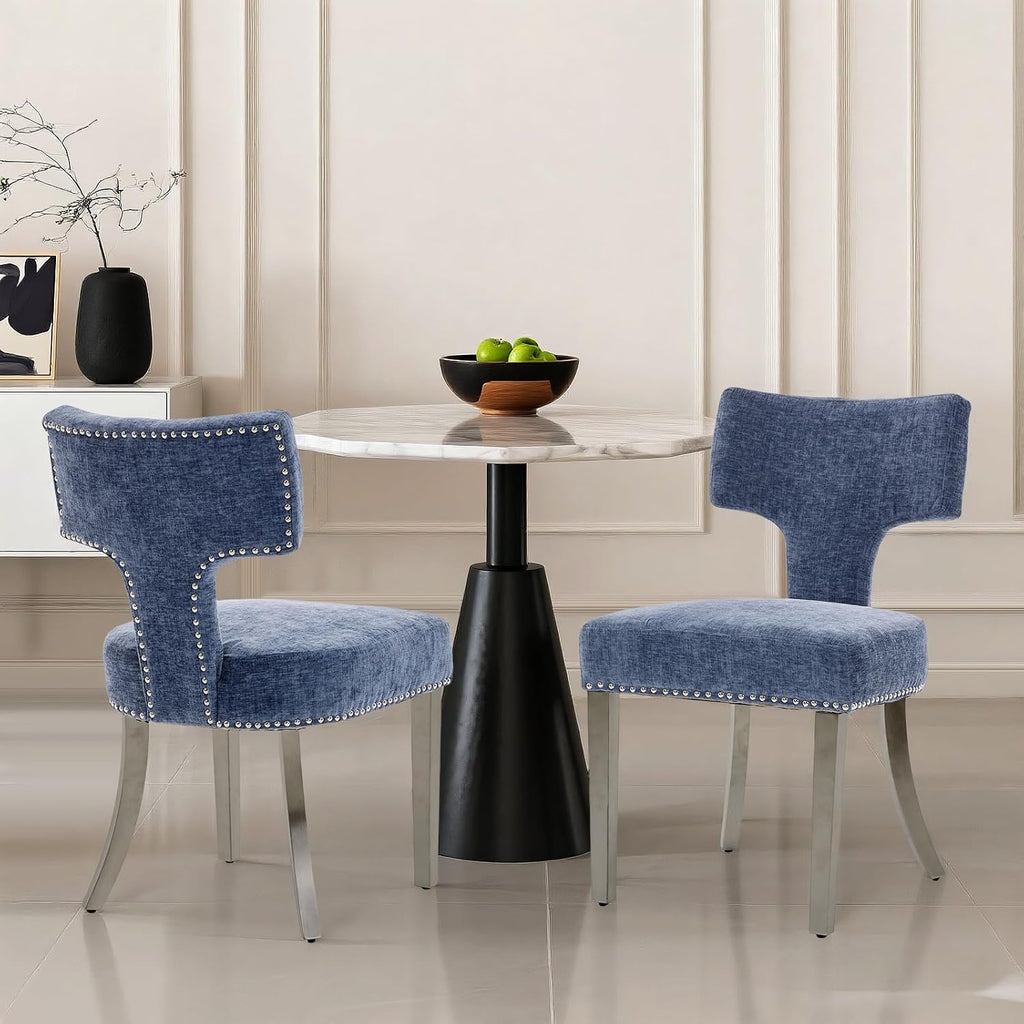 Dining Chair Set of 2 Linen Fabric Curved Backrest Farmhouse Mid Century Accent Upholstered Kitchen Chairs with Silver Legs and Foot Pad for Dining Room/Living Room/Restaurant,Blue